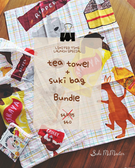 Kitchen Tea Towel and Suki Bag Bundle - Munchy Munchy Aussie Snacks Icons by Suki McMaster (Copy)
