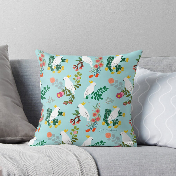 Australian cockatoo art cushion cover by Suki McMaster, stylish and nature-inspired home accessory.
