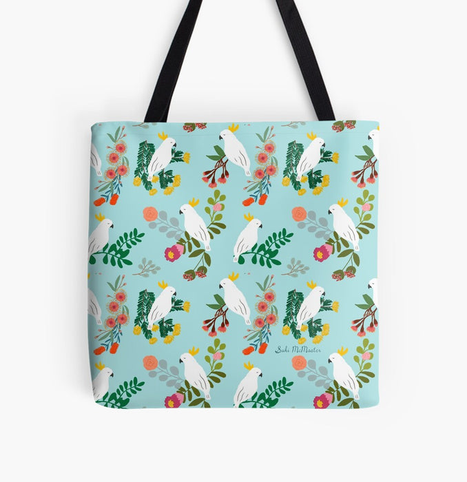 Eco-friendly tote bag with cockatoo design, polyester shell, and long cotton straps