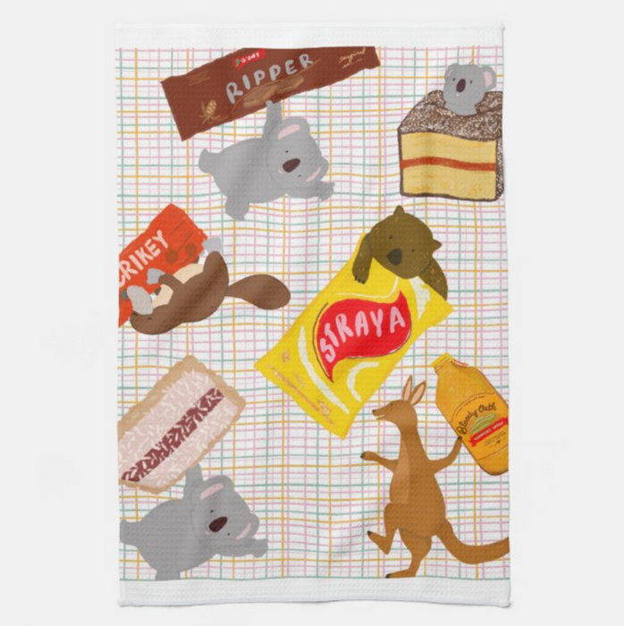 Kitchen Tea Towel - Munchy Munchy Aussie Snacks Icons by Suki McMaster (Pre-Order)