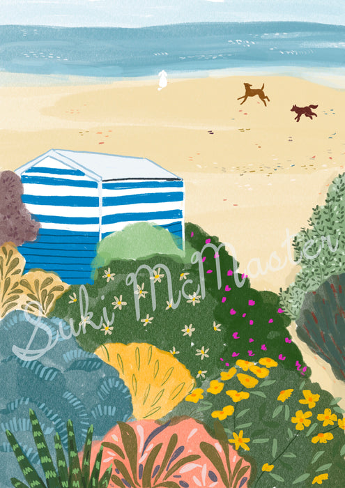 Australian Landscape Wall Art - Dogs On Beach Bath House by Suki McMaster