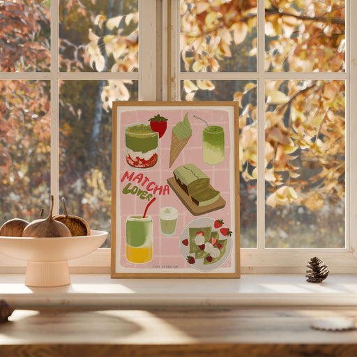 Matcha Lover wall art print featuring green tea treats including matcha latte, ice cream, parfait and tea ceremony items in whimsical illustration style