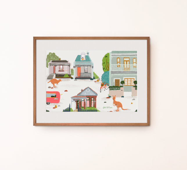 Australian Animal Wall Art Print - Lockdown Melbourne Houses Koala Kangaroo by Suki McMaster