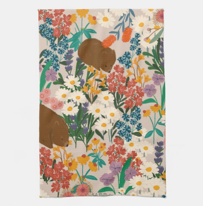 Kitchen Tea Towel - Floral Wombat by Suki McMaster
