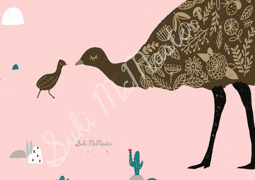 Australian Animal Wall Art Print - Emu Mum and Emu Baby in Pink by Suki McMaster