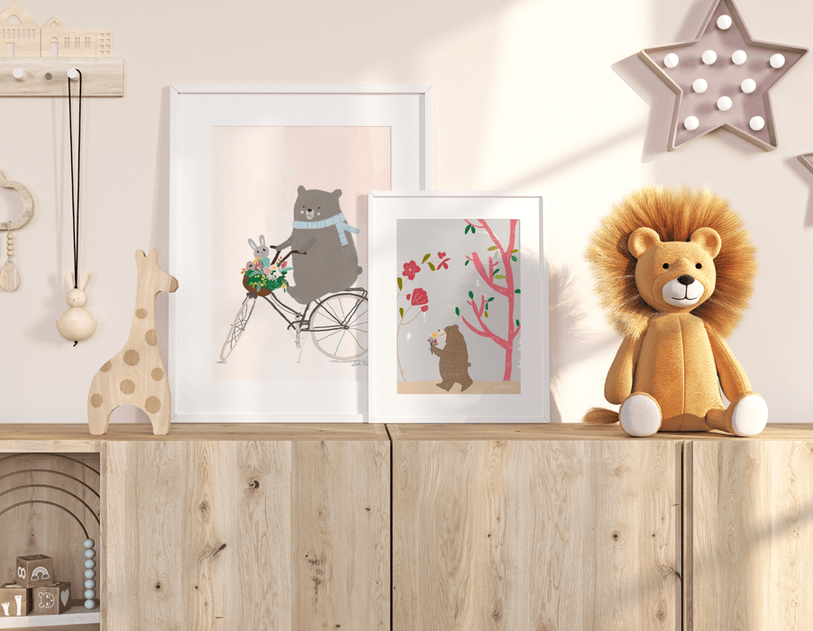 Wall Art Print - Bear On Bike in Pink by Suki McMaster