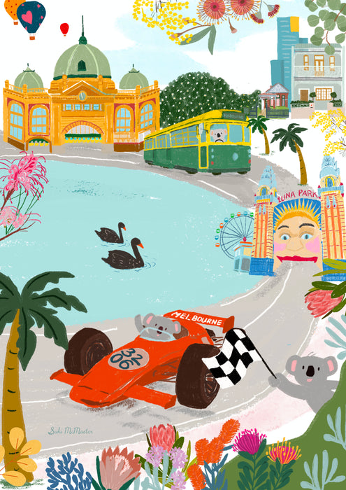 Melbourne Grand Prix Wall Art Print: A Whimsical Ride Through the City by Suki McMaster