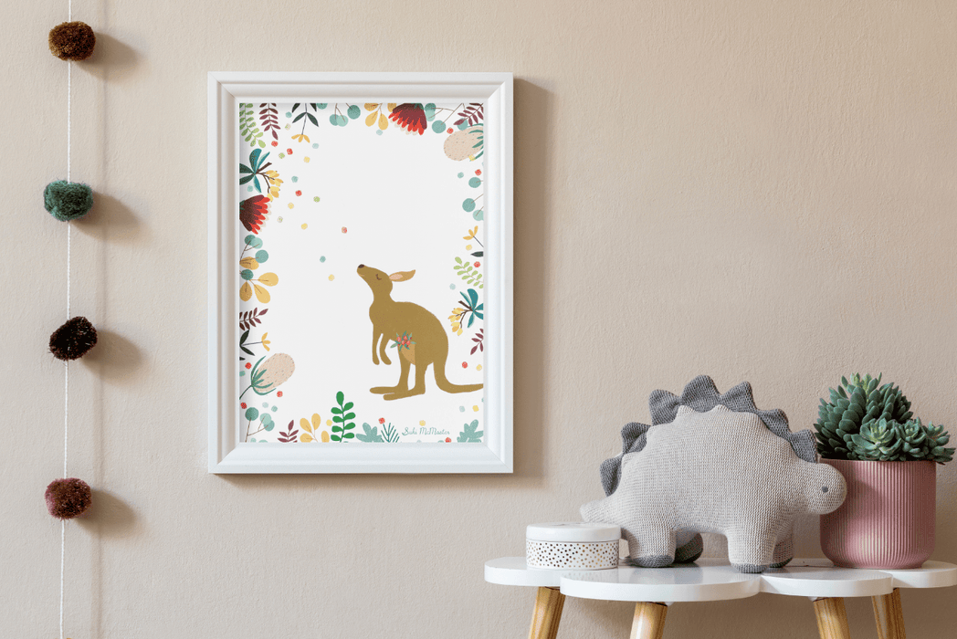 Australian Animal Wall Art Print - Kangaroo in Australian Native Floral by Suki McMaster