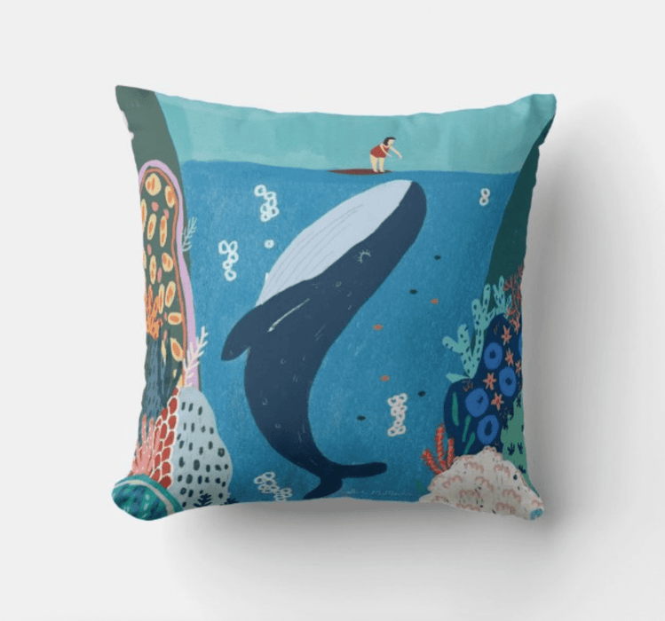 Suki McMaster Melbourne Design Surfer and Whale Coral Cushion