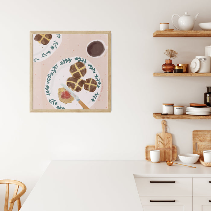 Foodie Wall Art Print - Hot Cross Bun on Pink Table by Suki McMaster