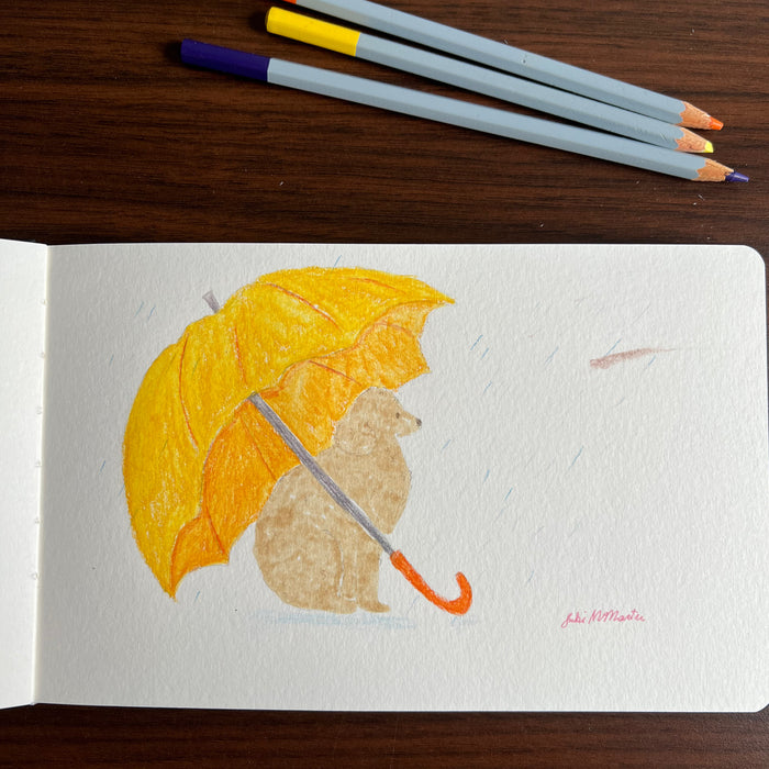 Suki McMaster Melbourne Artist Colour pencils original artwork dog in rain yellow umbrella