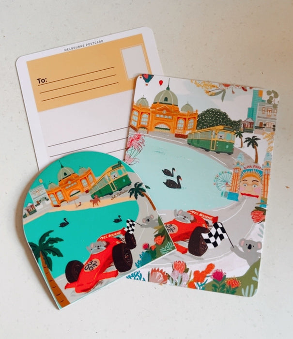 Melbourne Postcard & Magnet Gift Set by Suki McMaster  – Illustrated A6 Postcard + 10cm Fridge Magnet | Koala & City Landmarks Design