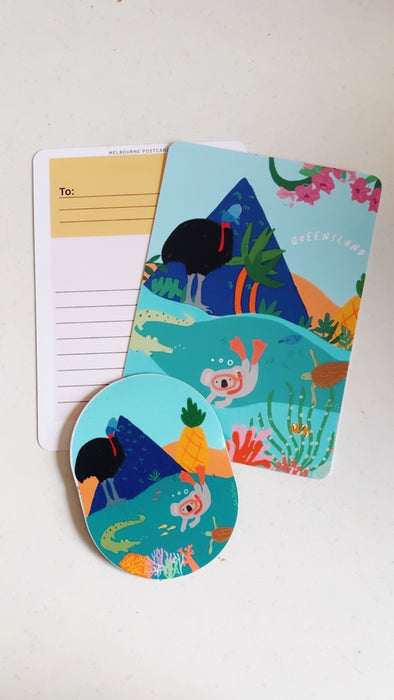 Queensland Postcard & Magnet Gift Set by Suki McMaster – Illustrated A6 Postcard + Fridge Magnet | Great Barrier Reef, Cassowary & Koala Design