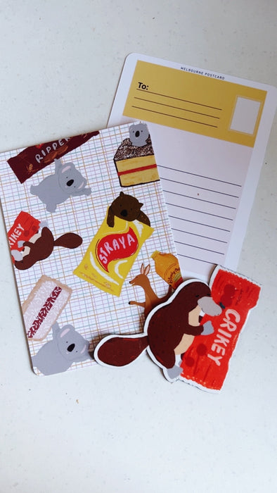 Platypus & Aussie Treats Postcard & Magnet Set by Suki McMaster – Illustrated A6 Postcard + Fridge Magnet | Straya Snack Collection