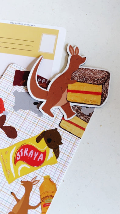 Kangaroo & Aussie Treats Postcard & Magnet Set by Suki McMaster – Illustrated A6 Postcard + Fridge Magnet | Straya Snack Collection