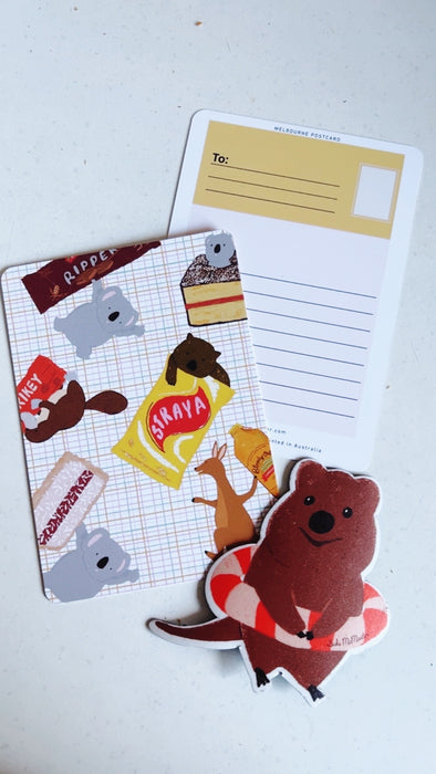 Quokka & Aussie Treats Postcard & Magnet Set by Suki McMaster – Illustrated A6 Postcard + Fridge Magnet | Straya Snack Collection
