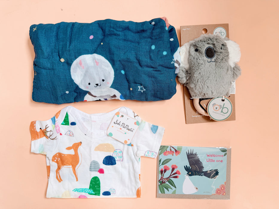 Newborn Baby Gift Set — Suki McMaster × OB Designs | Space Swaddle, Koala Toy & More