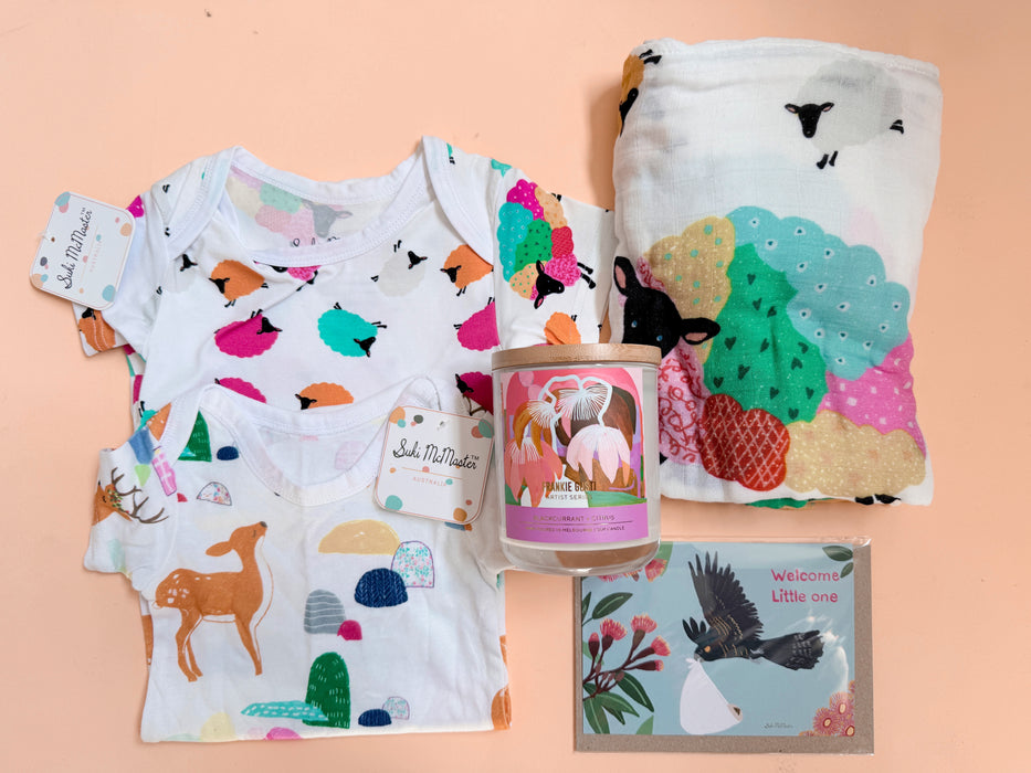 Baby & Mama Gift Set — Suki McMaster × Frankie Gusti | Sheep Swaddle, Twin Onesie Pack & Candle