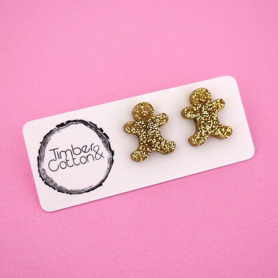 Earrings - Christmas Gingerbread Man Acrylic Stud Earrings Gold Glitter by Girlfetti