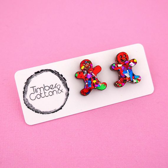 Earrings - Christmas Gingerbread Man Acrylic Stud Earrings by Girlfetti