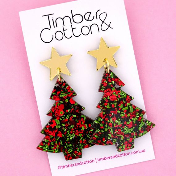 Earrings - Christmas Tree Acrylic Dangle Earrings Christmas Flake by Girlfetti