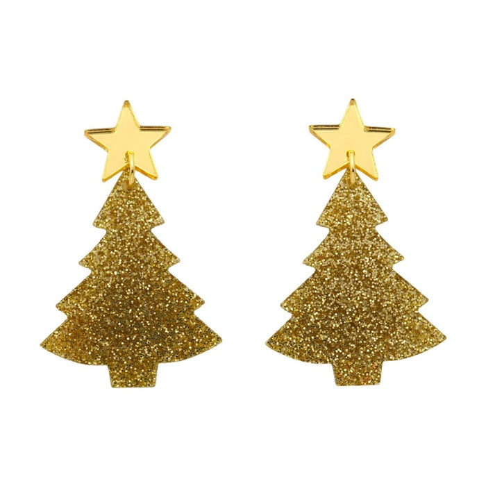 Earrings - Christmas Tree Acrylic Dangle Earrings Gold Glitter by Girlfetti