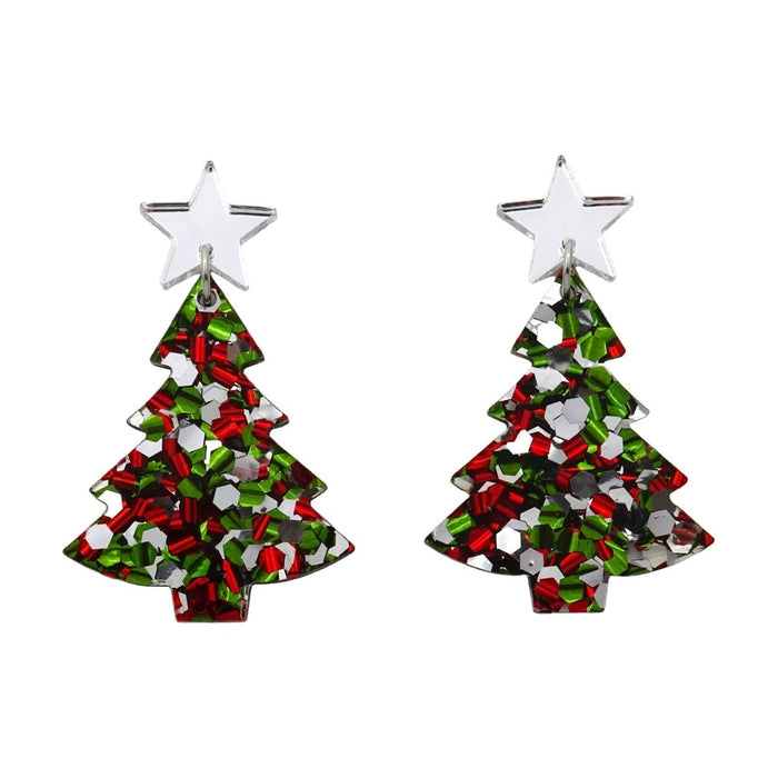 Earrings - Christmas Tree Acrylic Dangle Earrings Jingle Bell Flake by Girlfetti