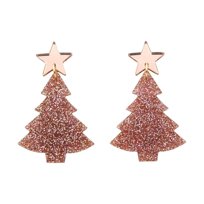 Earrings - Christmas Tree Acrylic Dangle Earrings Rose Gold Glitter by Girlfetti