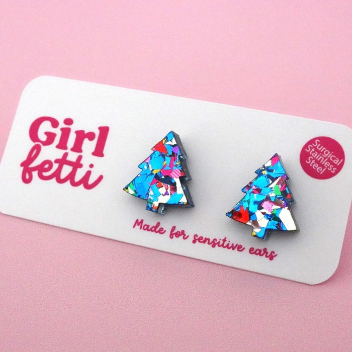 Earrings - Christmas Tree Acrylic Stud Earrings Blue Rainbow Flake by Girlfetti