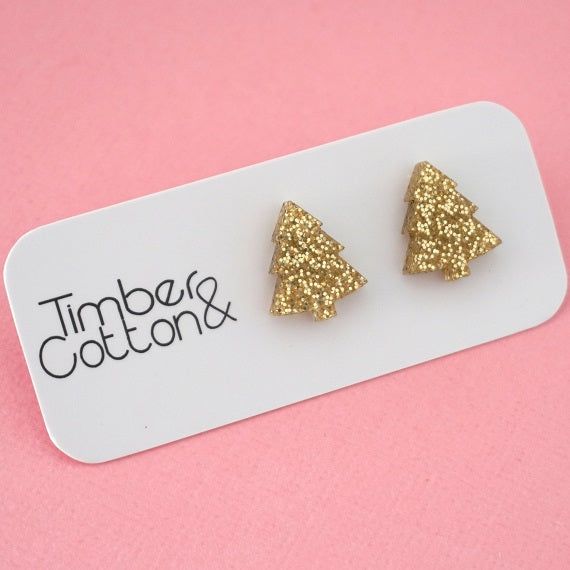 Earrings - Christmas Tree Acrylic Stud Earrings Gold Glitter by Girlfetti