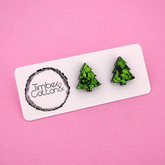 Earrings - Christmas Tree Acrylic Stud Earrings Green Flake by Girlfetti