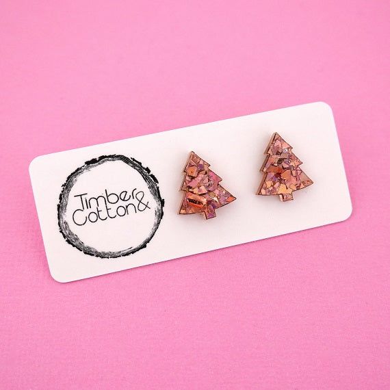 Earrings - Christmas Tree Acrylic Stud Earrings Holographic Rose Gold Flake by Girlfetti