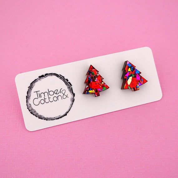 Earrings - Christmas Tree Acrylic Stud Earrings Red Rainbow Flake by Girlfetti