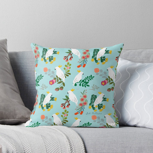 Australian cockatoo art cushion cover by Suki McMaster, stylish and nature-inspired home accessory.