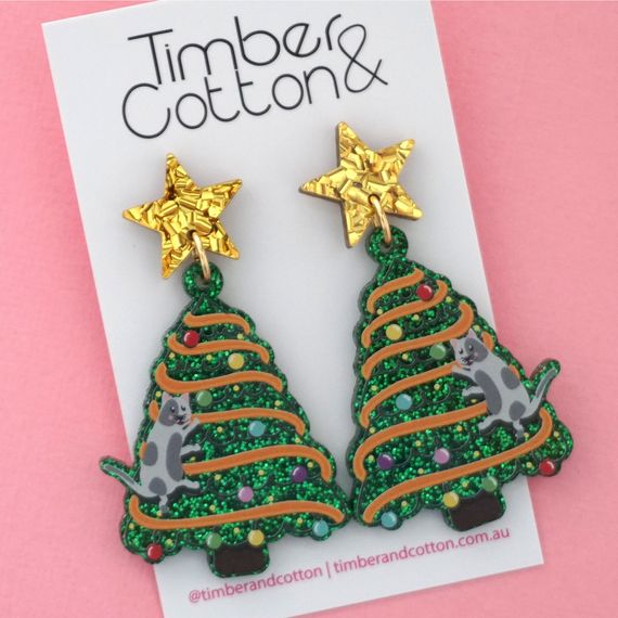 Earrings - Cat Climbing Christmas Tree Acrylic Dangle Earrings  by Girlfetti