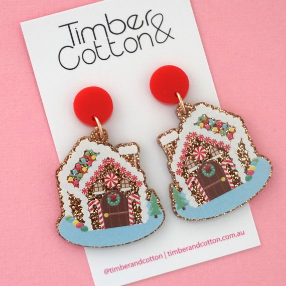 Earrings - Gingerbread House Christmas Acrylic Dangle Earrings by Girlfetti