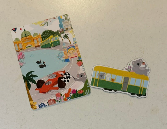 Melbourne Koala on Tram Postcard & Magnet Gift Set by Suki McMaster  – Illustrated A6 Postcard + 10cm Fridge Magnet | Koala & City Landmarks Design