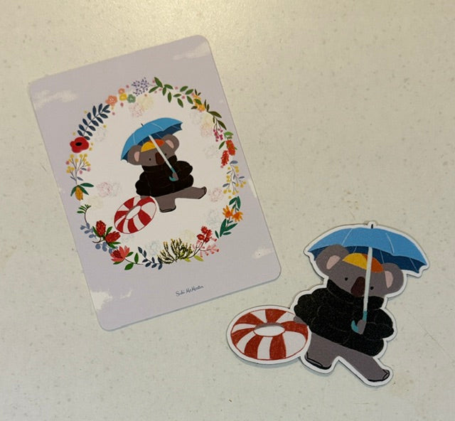 Koala & Umbrella Postcard & Magnet Set by Suki McMaster – Illustrated A6 Postcard + Fridge Magnet