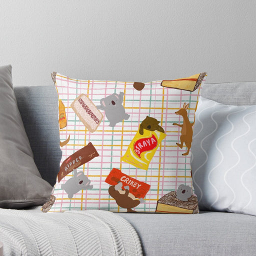 Decorative pillow cover with Aussie food icons, washable and durable, designed by Suki McMaster
