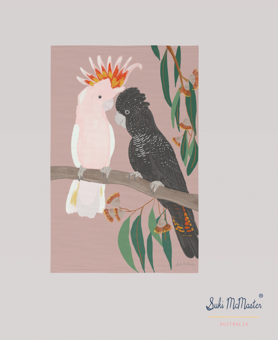 Kitchen Tea Towel - Rex the Black Cockatoo and Muffy the Major Mitchel by Suki McMaster