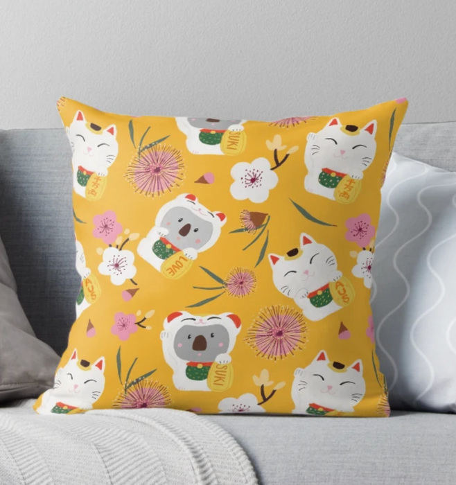 Cushion Cover - Japanese lucky cat and koala Home Décor by Suki McMaster