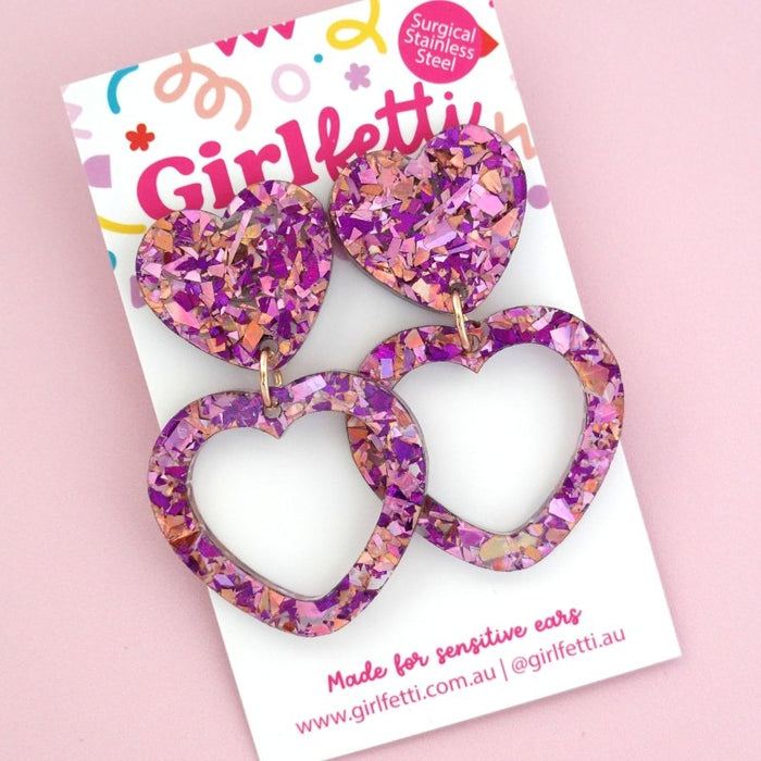 Heart Acrylic Dangle Earrings - Unicorn Flake by Girlfetti