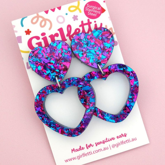 Heart Acrylic Dangle Earrings - Purple Party Flake by Girlfetti