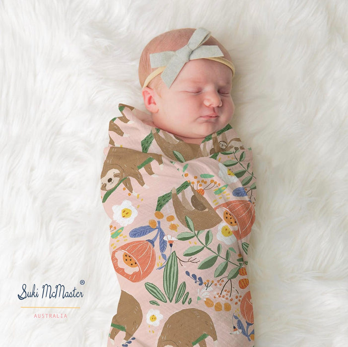 Bamboo Baby Blanket Swaddle Wrap - Pink Sloth Family by Suki McMaster
