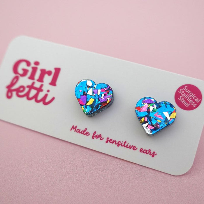 Heart Acrylic Stud Earrings - Blue Rainbow Flake by Girlfetti