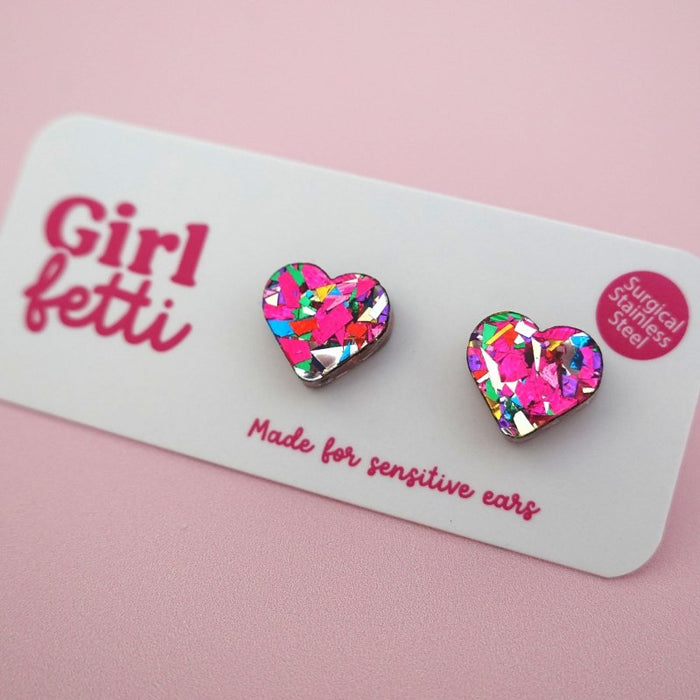 Heart Acrylic Stud Earrings - Pink Rainbow Flake by Girlfetti