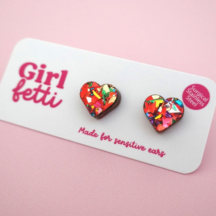 Heart Acrylic Stud Earrings - Red Rainbow Flake by Girlfetti