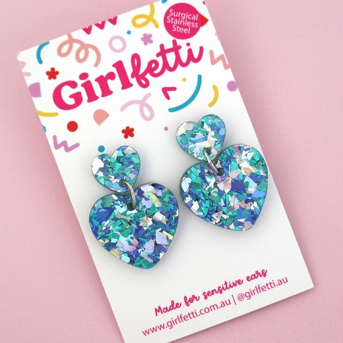 Small Heart Acrylic Dangle Earrings - Ocean Flake by Girlfetti