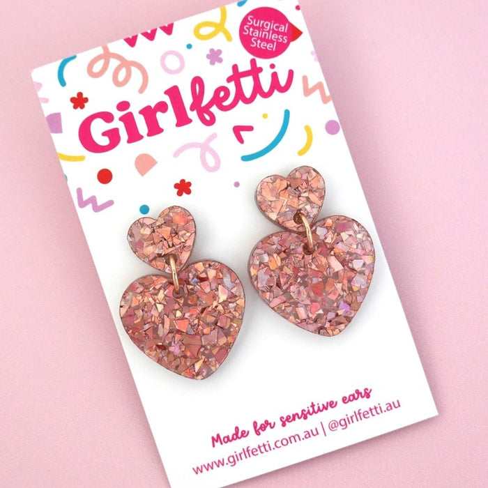 Small Heart Acrylic Dangle Earrings - Holographic Rose Gold Flake by Girlfetti