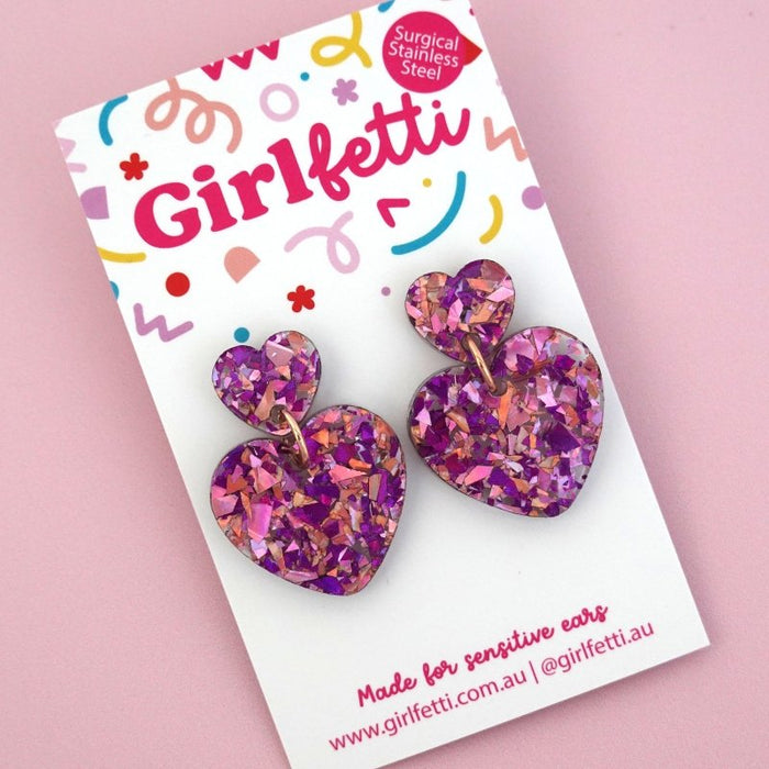 Small Heart Acrylic Dangle Earrings - Unicorn Flake by Girlfetti